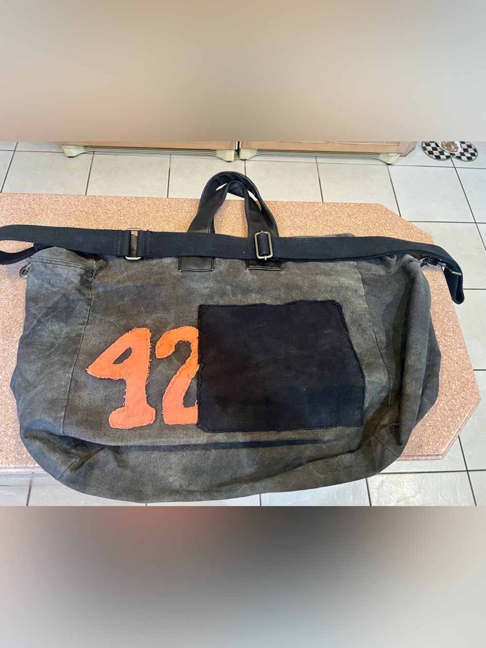 FREE PEOPLE VINTAGE Gray Canvas Travel Duffle Bag with Orange '42' Accent